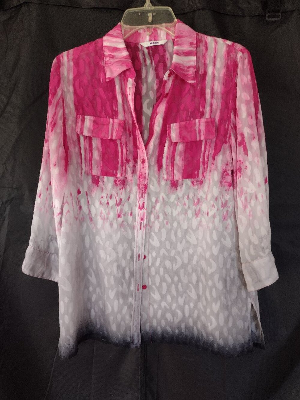 ALIA Ombre Button up Blouse Pink/Gray/White Leopard Spot Print